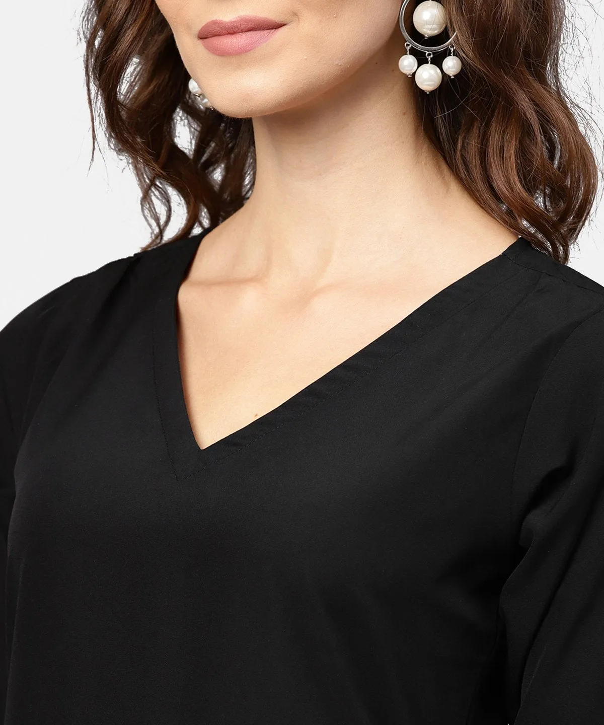 Black Printed 3/4Th Sleeve V-Neck Dress