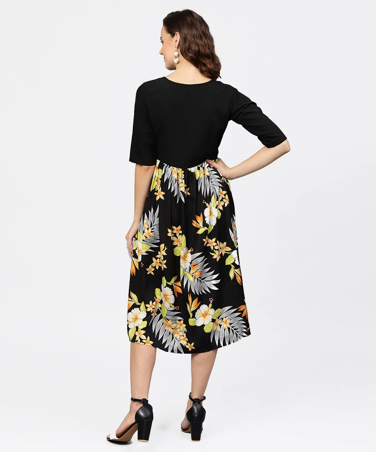 Black Printed 3/4Th Sleeve V-Neck Dress