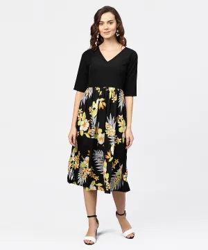 Black Printed 3/4Th Sleeve V-Neck Dress
