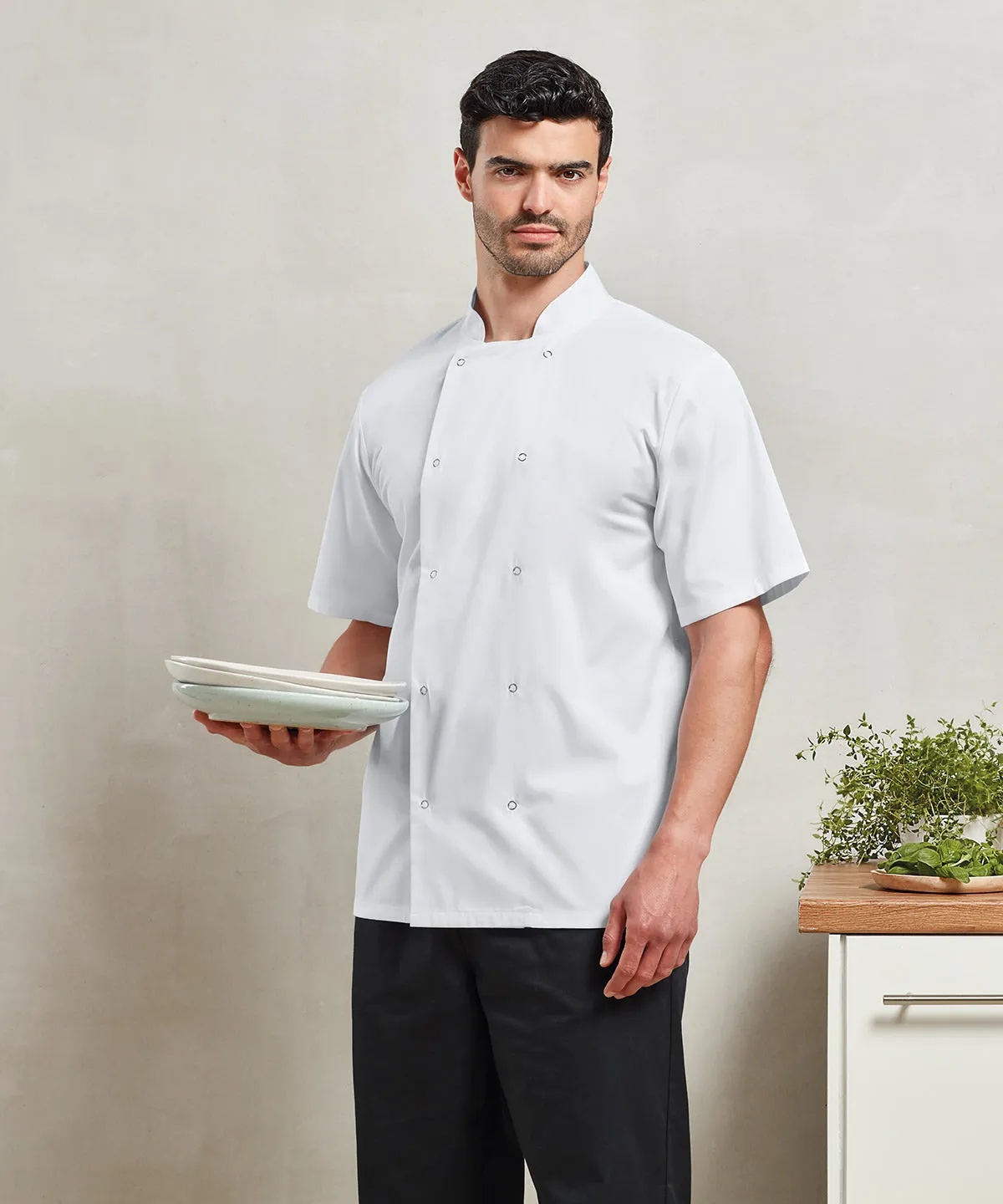 Black - Studded front short sleeve chef's jacket