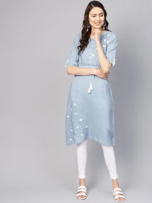 Blue Embroidered  Round Neck Hald Sleeves Kurta Dress