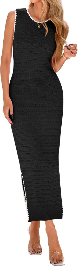 BTFBM Womens Knit Bodycon Midi Dress Casual Sleeveless See Through Cover Up Dresses Crew Neck Slit Tank Summer Dresses