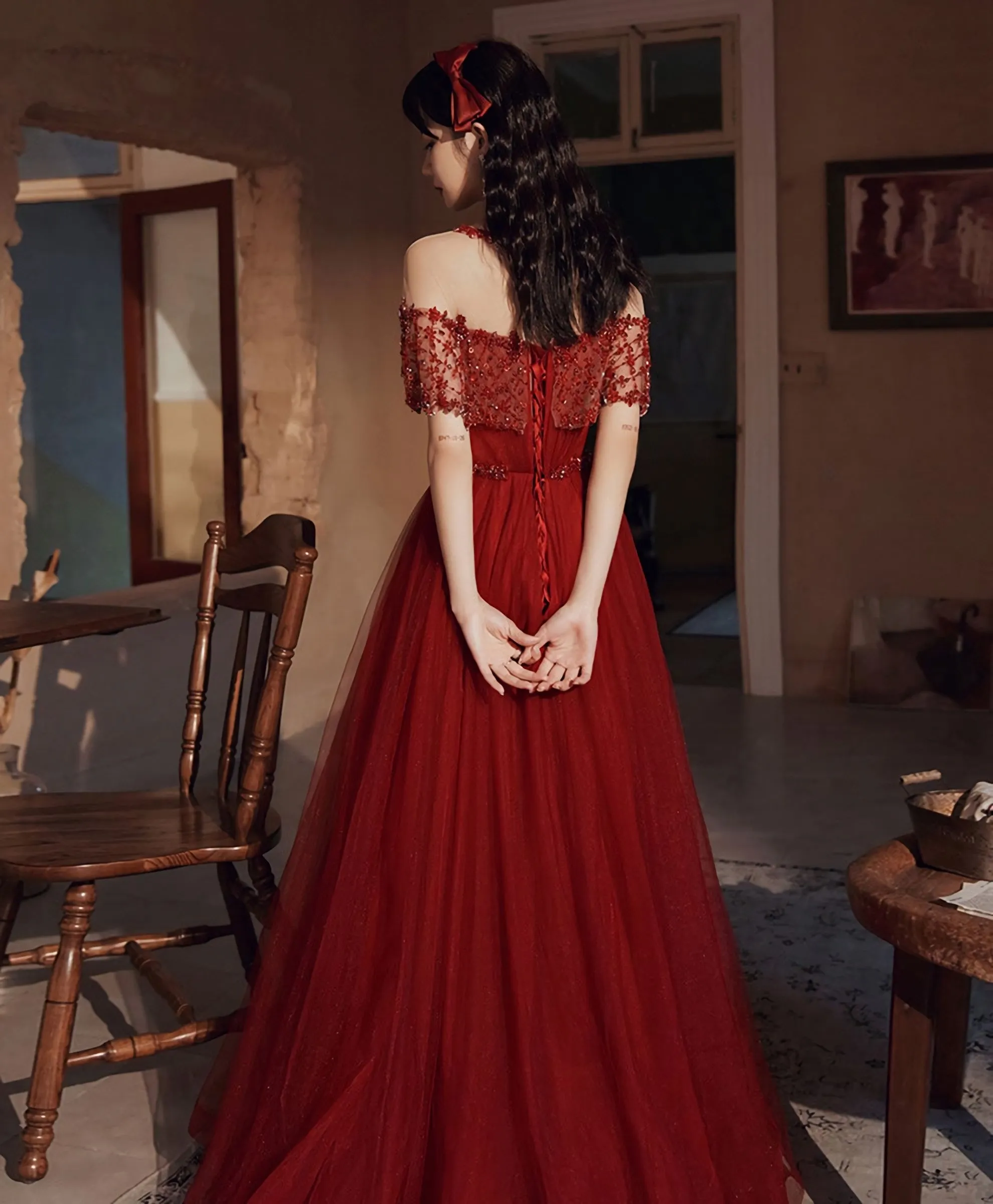 Burgundy Round Neck Beads Tulle Long Prom Dress