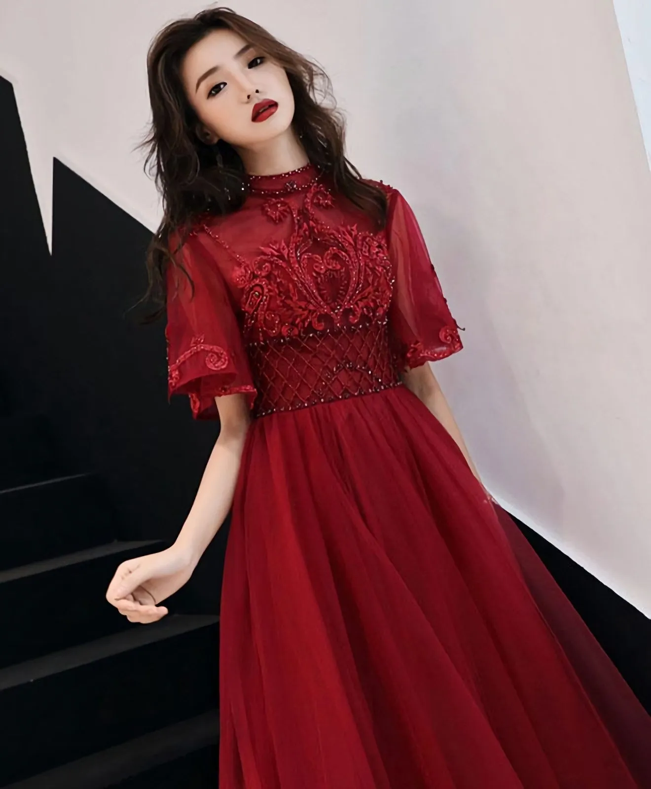 Burgundy Tulle Lace Long Prom Dress Burgundy Evening Dress 6