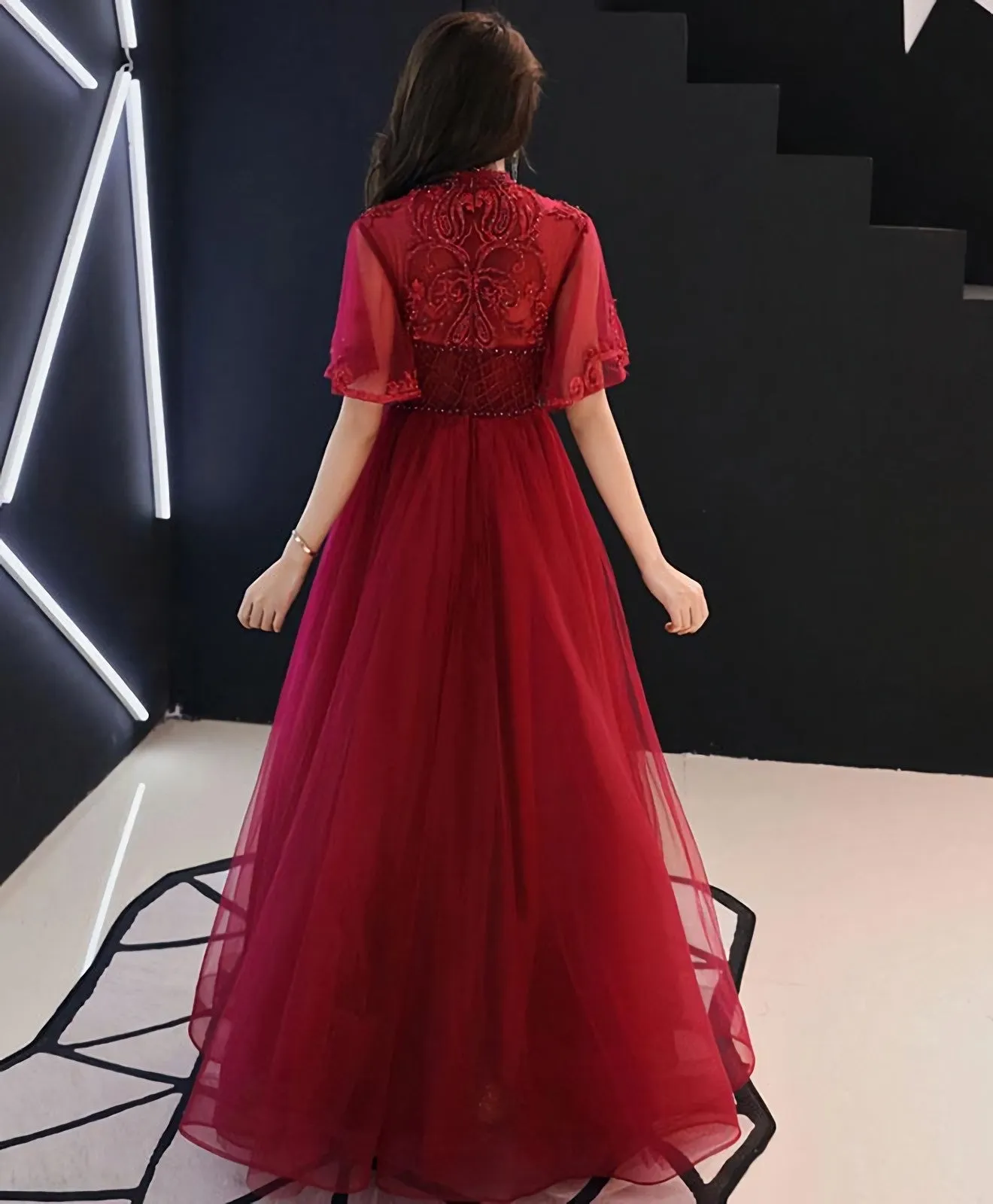 Burgundy Tulle Lace Long Prom Dress Burgundy Evening Dress 6