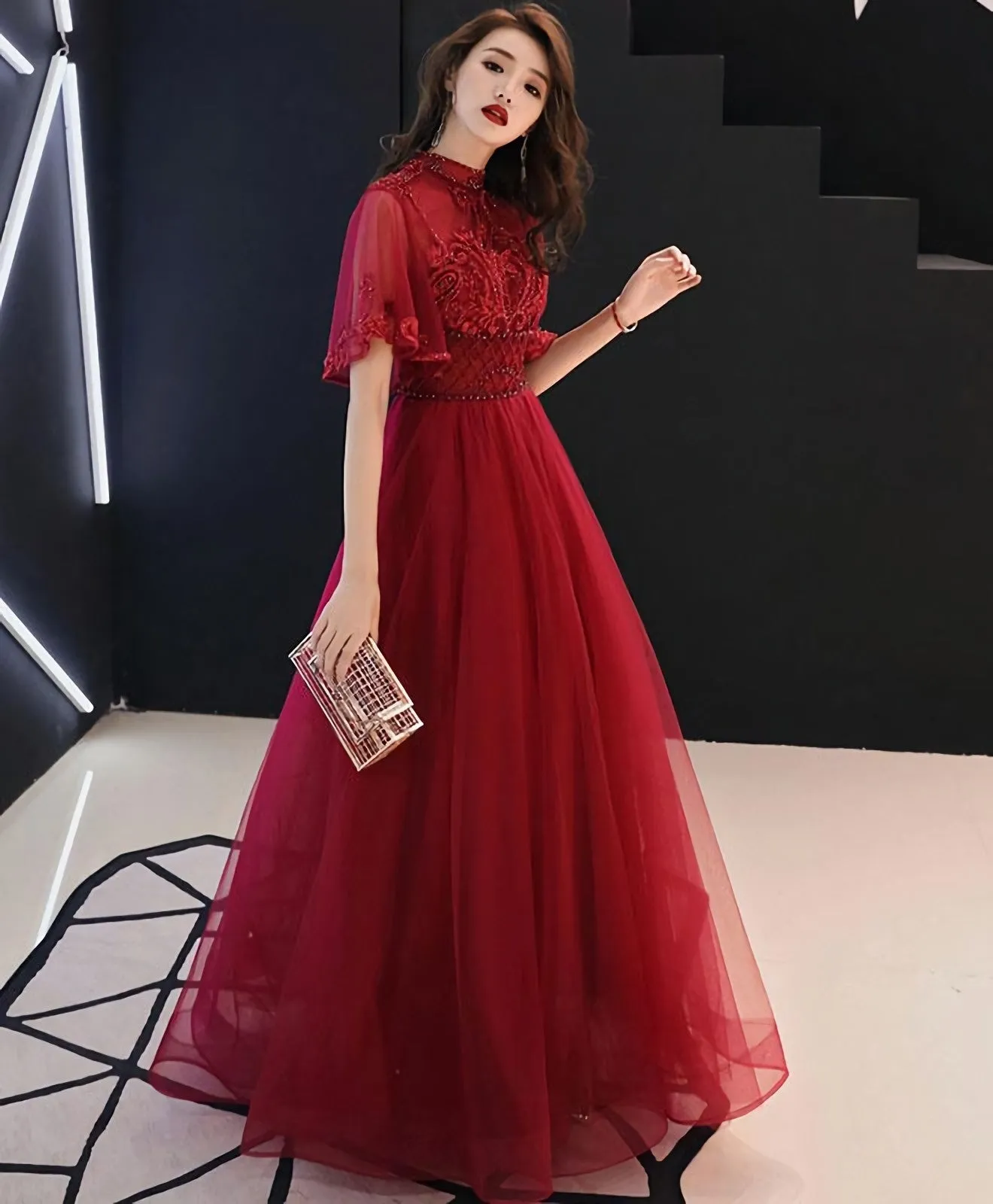 Burgundy Tulle Lace Long Prom Dress Burgundy Evening Dress 6