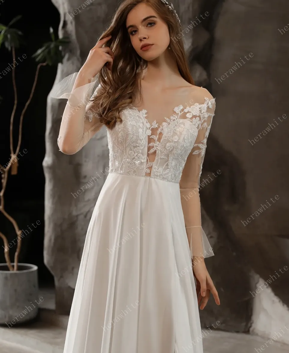 Chiffon Illusion Lace Bridal Dress with Dreamy A-line Skirt