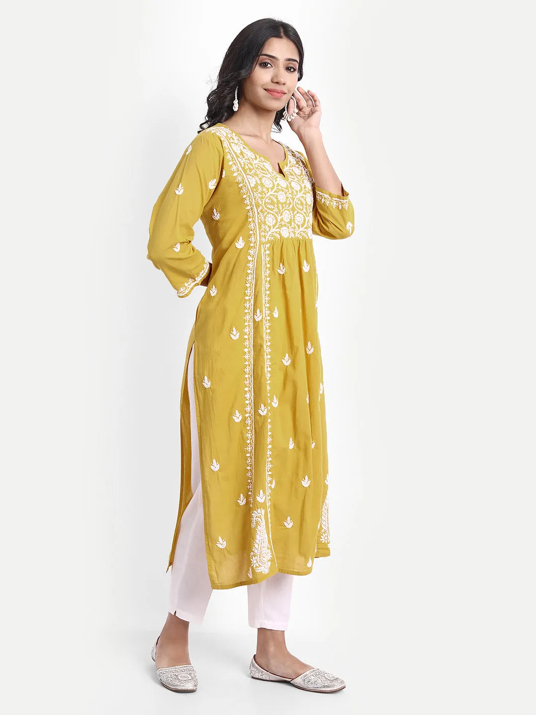 Chikankari Hand embroidery Dress in Cotton Yellow