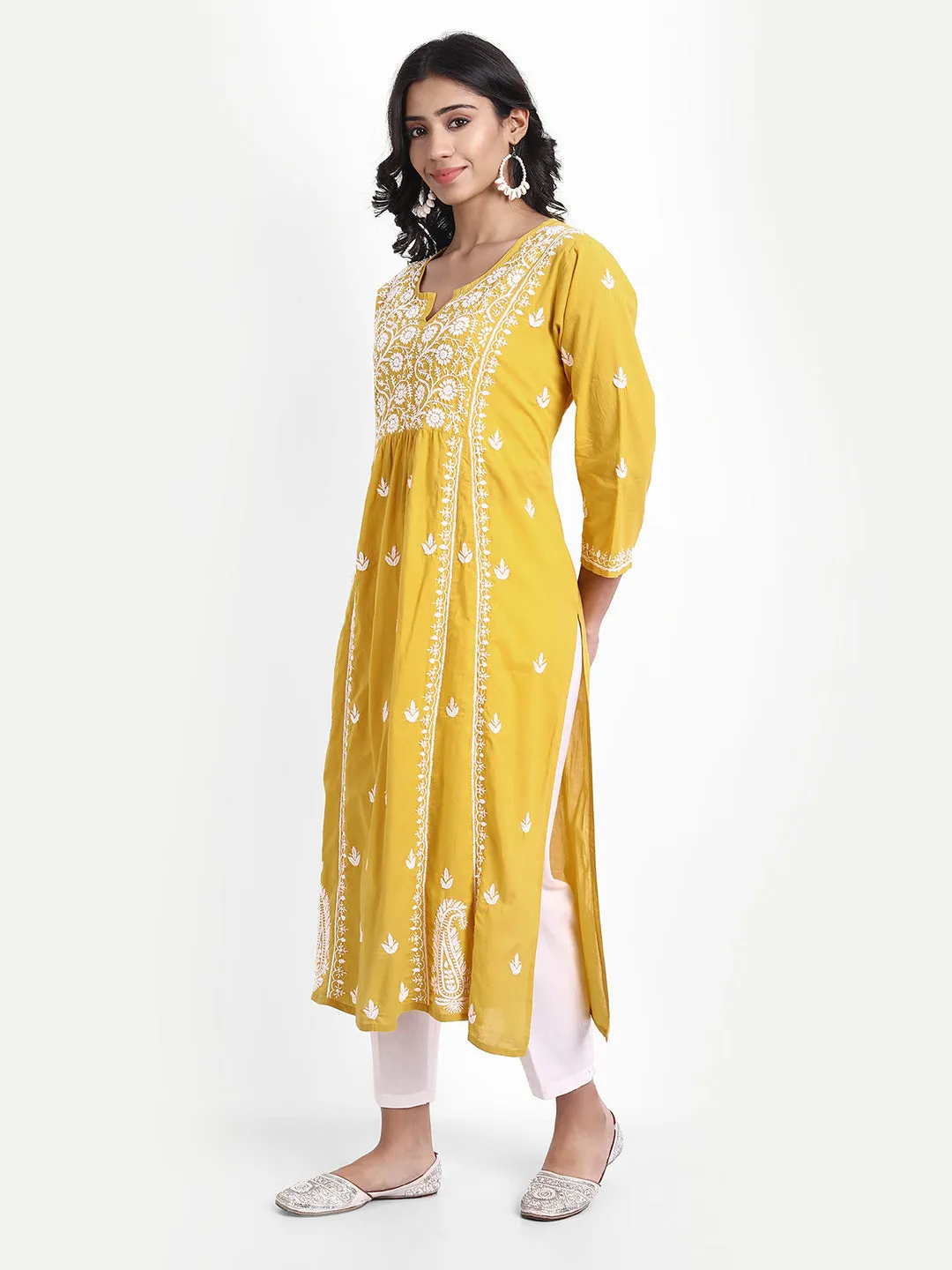 Chikankari Hand embroidery Dress in Cotton Yellow