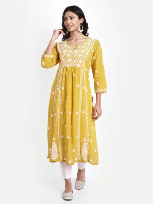 Chikankari Hand embroidery Dress in Cotton Yellow