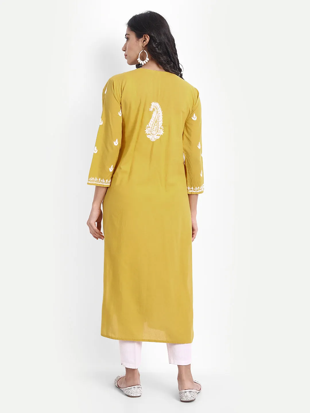 Chikankari Hand embroidery Dress in Cotton Yellow