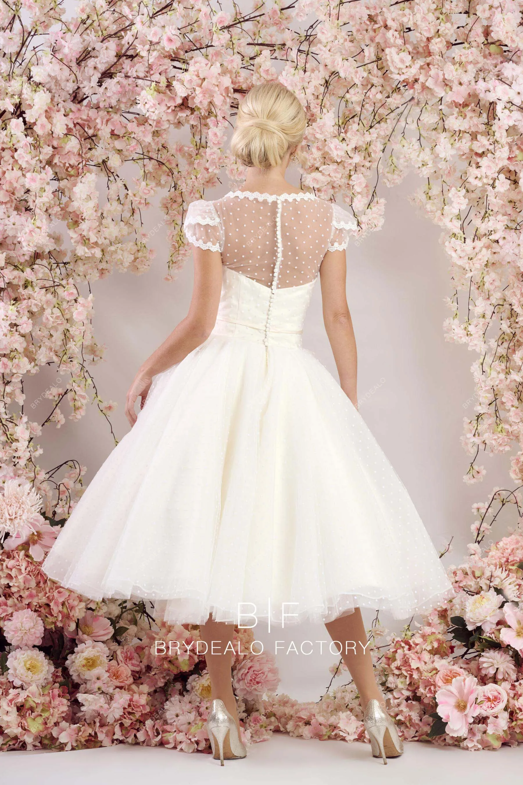 Custom Cap Sleeves Dot Tulle Tea Length Puffy A-Line Wedding Dress