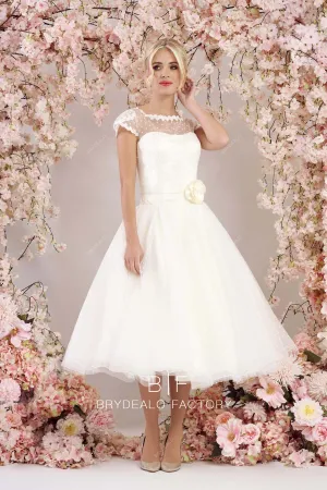 Custom Cap Sleeves Dot Tulle Tea Length Puffy A-Line Wedding Dress