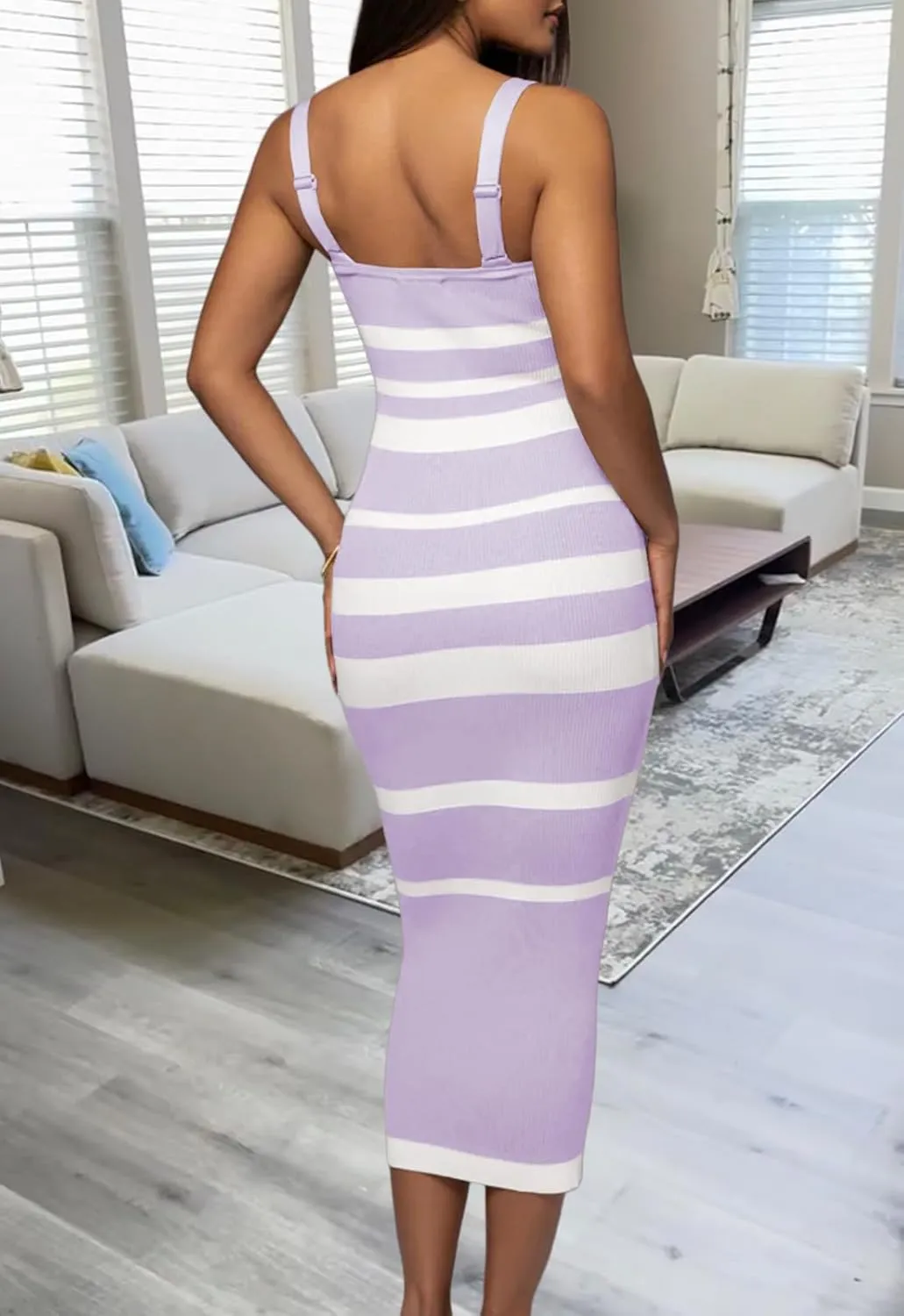 CutieLove Women's Casual Sleeveless Striped Bodycon Midi Dress Square Neck Ribbed Knit Dresses