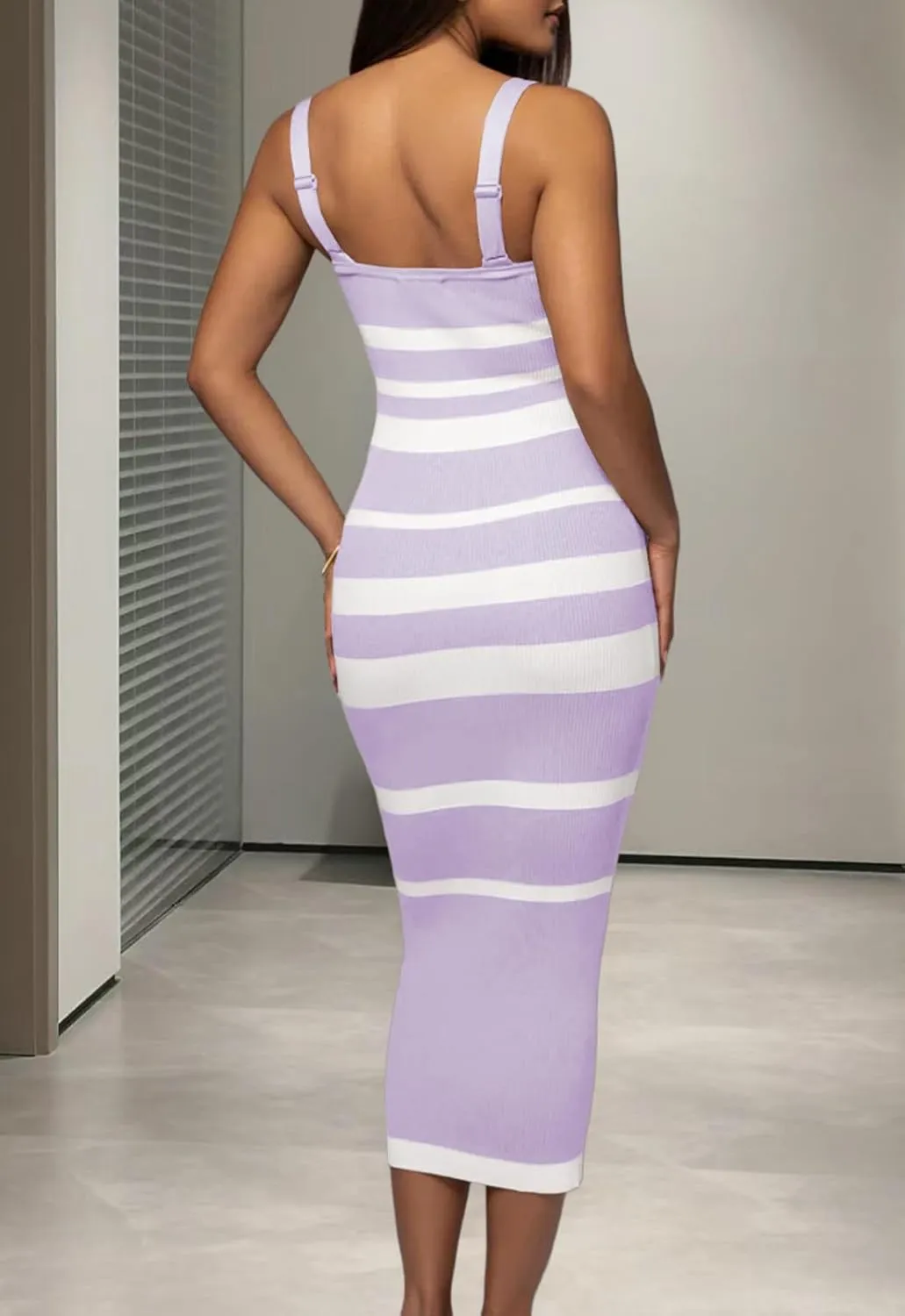 CutieLove Women's Casual Sleeveless Striped Bodycon Midi Dress Square Neck Ribbed Knit Dresses