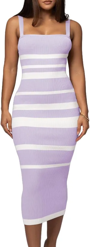 CutieLove Women's Casual Sleeveless Striped Bodycon Midi Dress Square Neck Ribbed Knit Dresses