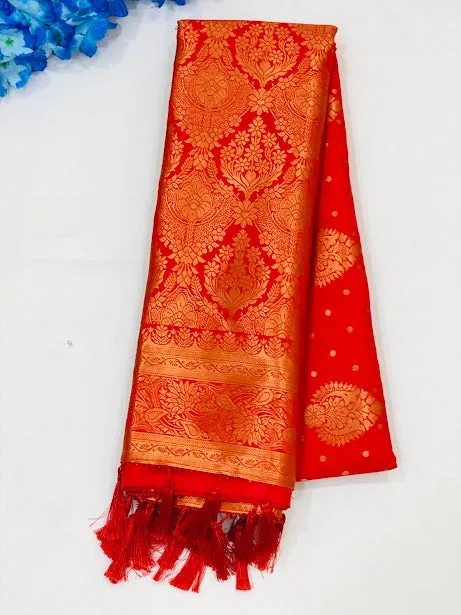 Delightful Red Color Flower Motifs Soft Silk Saree With Rich Pallu