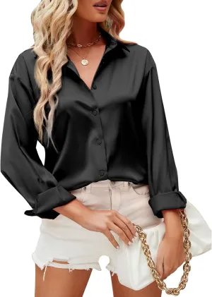 Eabel.C Women's Satin Silk V Neck Button Down Shirts Long Sleeve Casual Business Shirt Dress Blouses