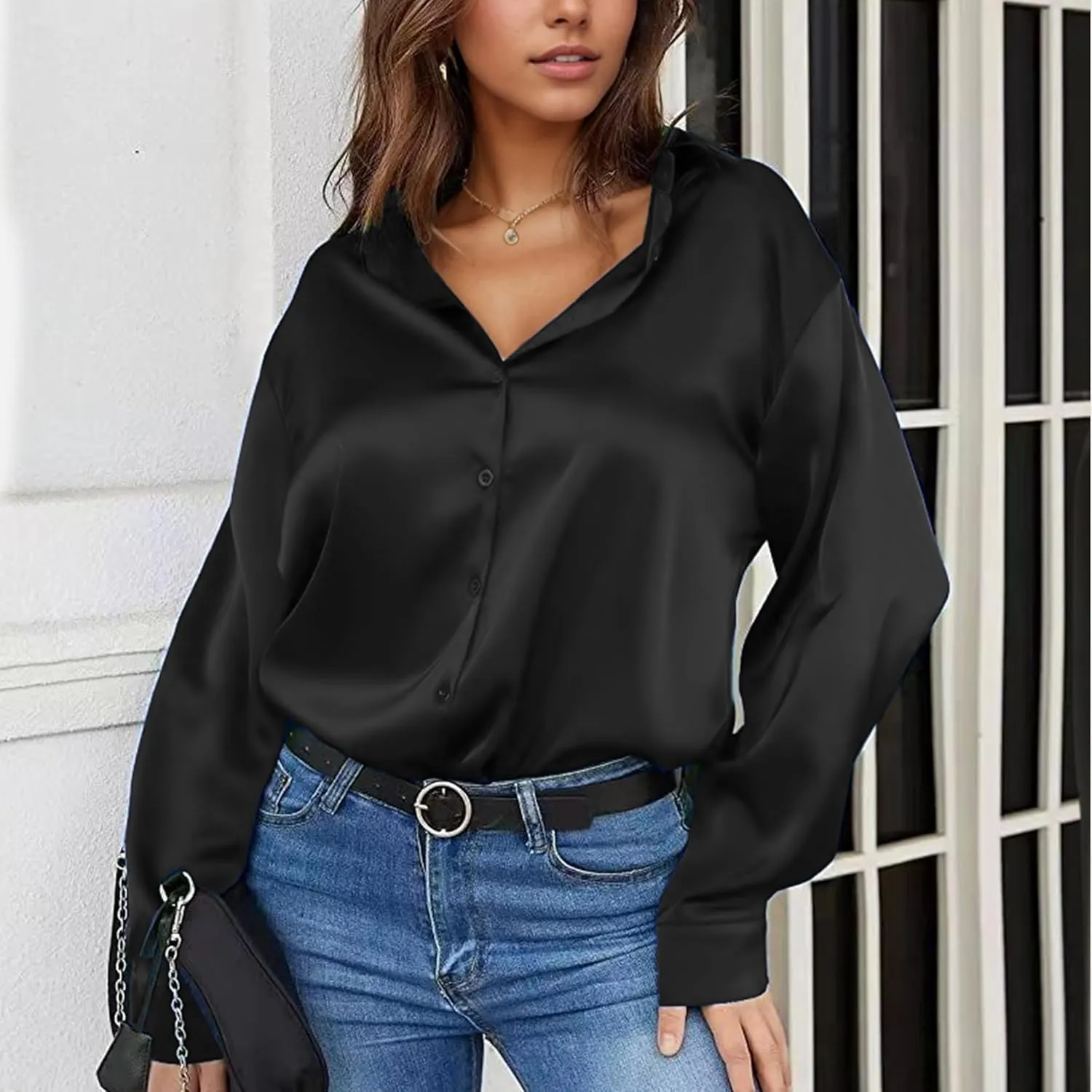 Eabel.C Women's Satin Silk V Neck Button Down Shirts Long Sleeve Casual Business Shirt Dress Blouses