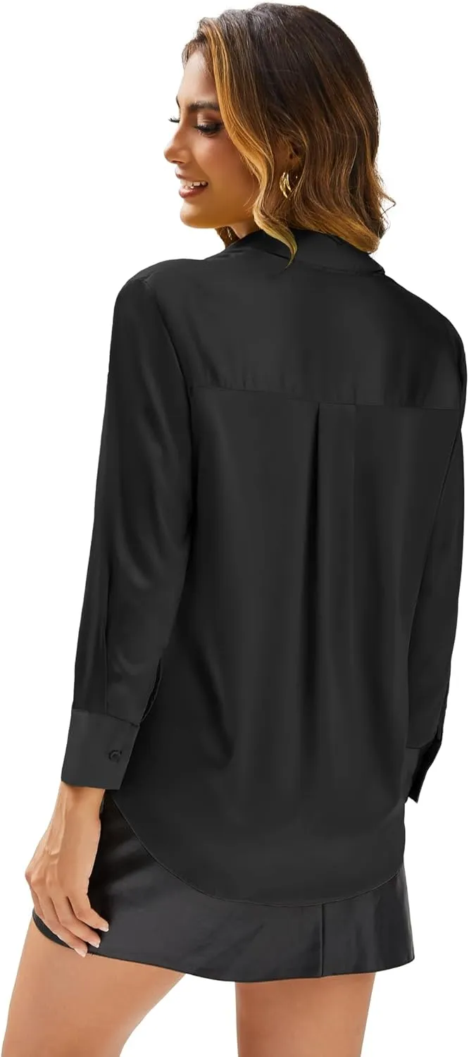 Eabel.C Women's Satin Silk V Neck Button Down Shirts Long Sleeve Casual Business Shirt Dress Blouses