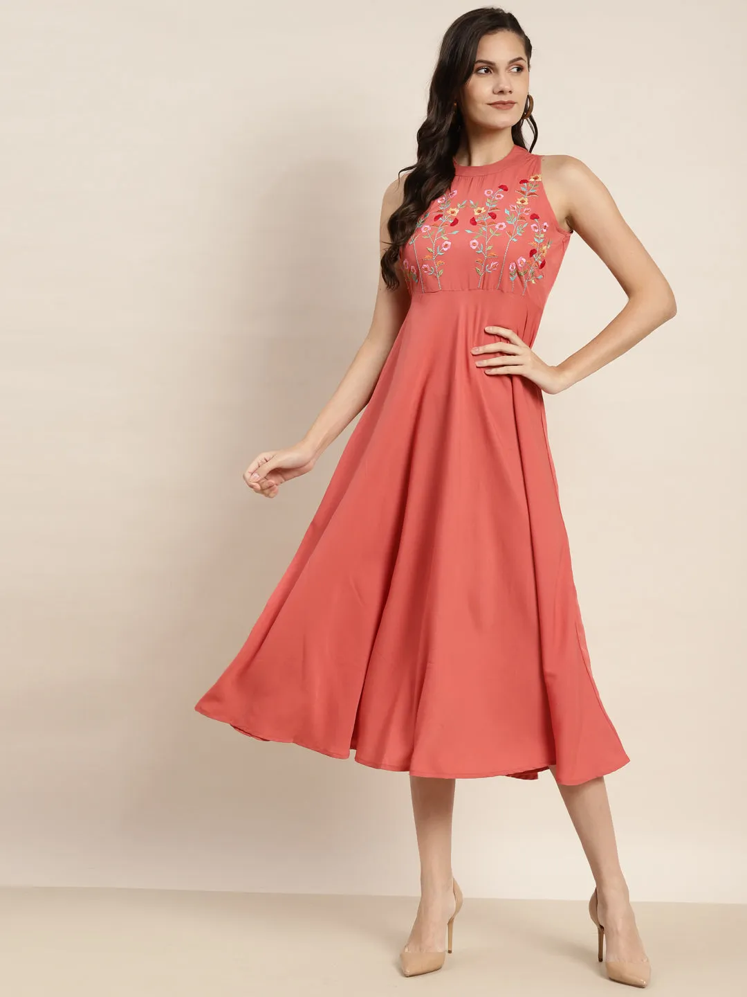 Embroidered A-Line Midi Women Dress
