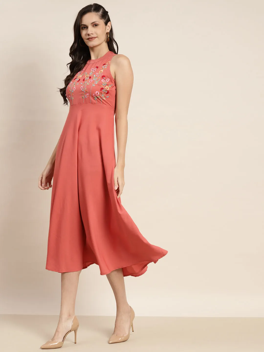Embroidered A-Line Midi Women Dress