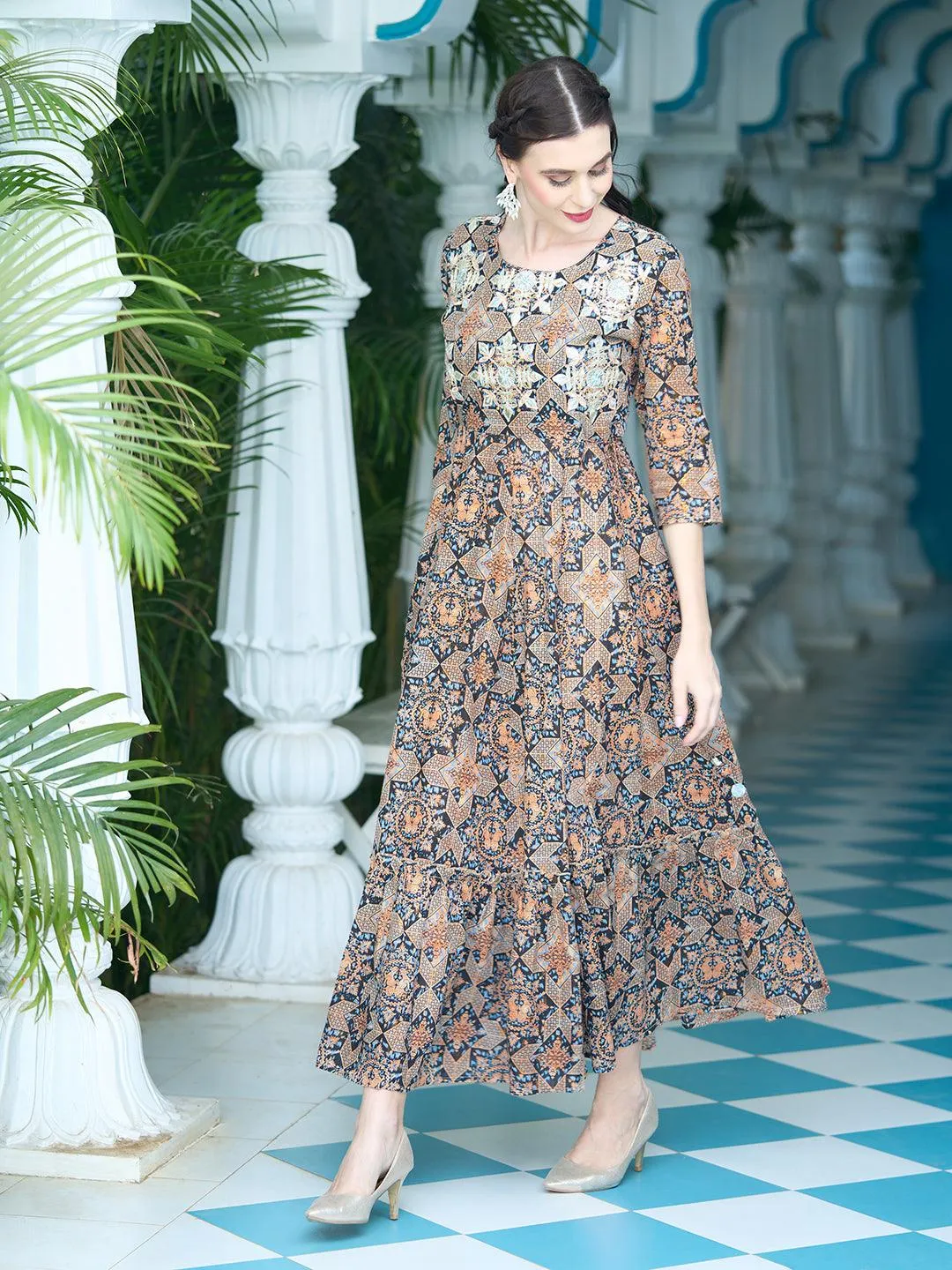 Ethnic Printed Gota & Resham Embroidered Anarkali Maxi Dress - Black