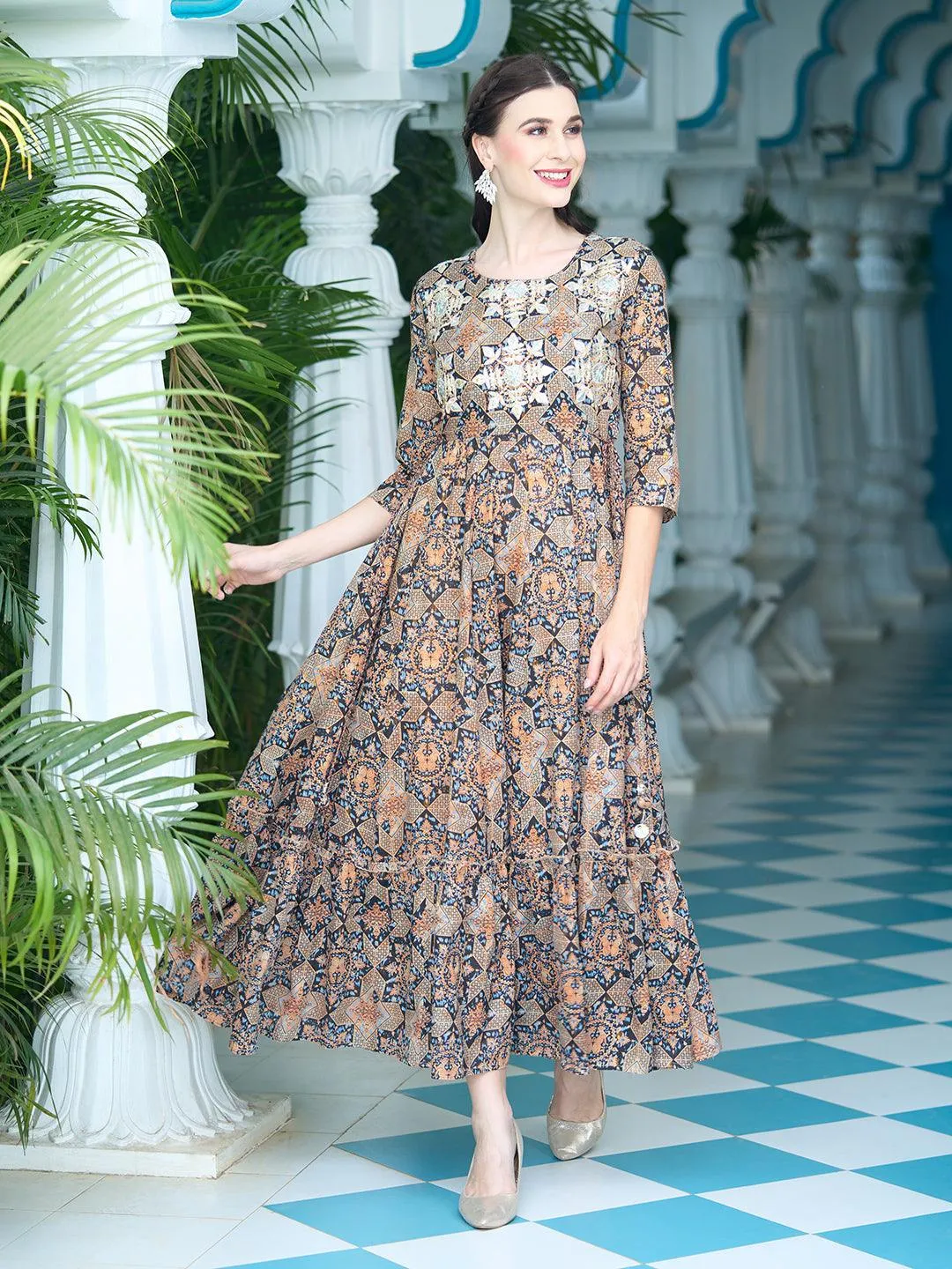 Ethnic Printed Gota & Resham Embroidered Anarkali Maxi Dress - Black