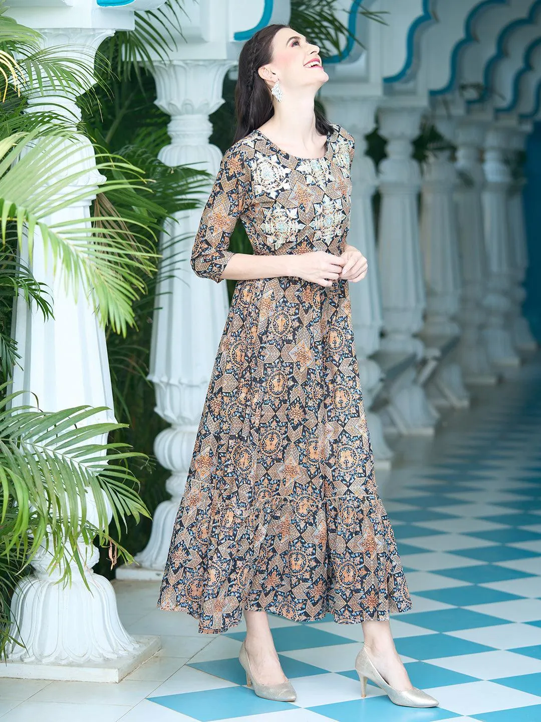 Ethnic Printed Gota & Resham Embroidered Anarkali Maxi Dress - Black