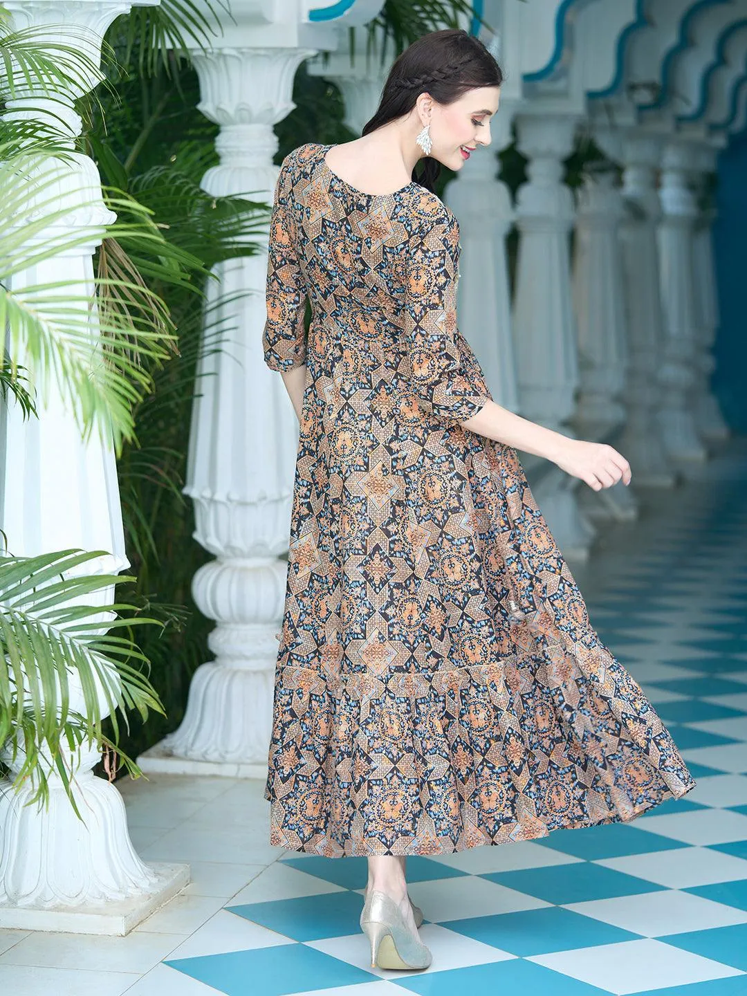 Ethnic Printed Gota & Resham Embroidered Anarkali Maxi Dress - Black