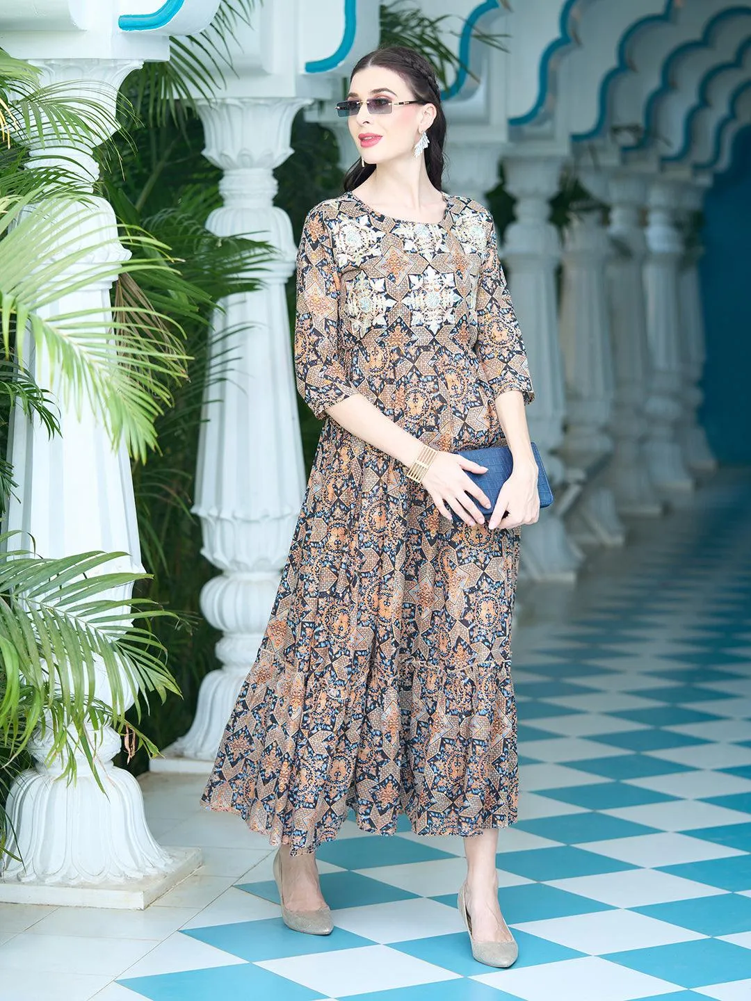 Ethnic Printed Gota & Resham Embroidered Anarkali Maxi Dress - Black