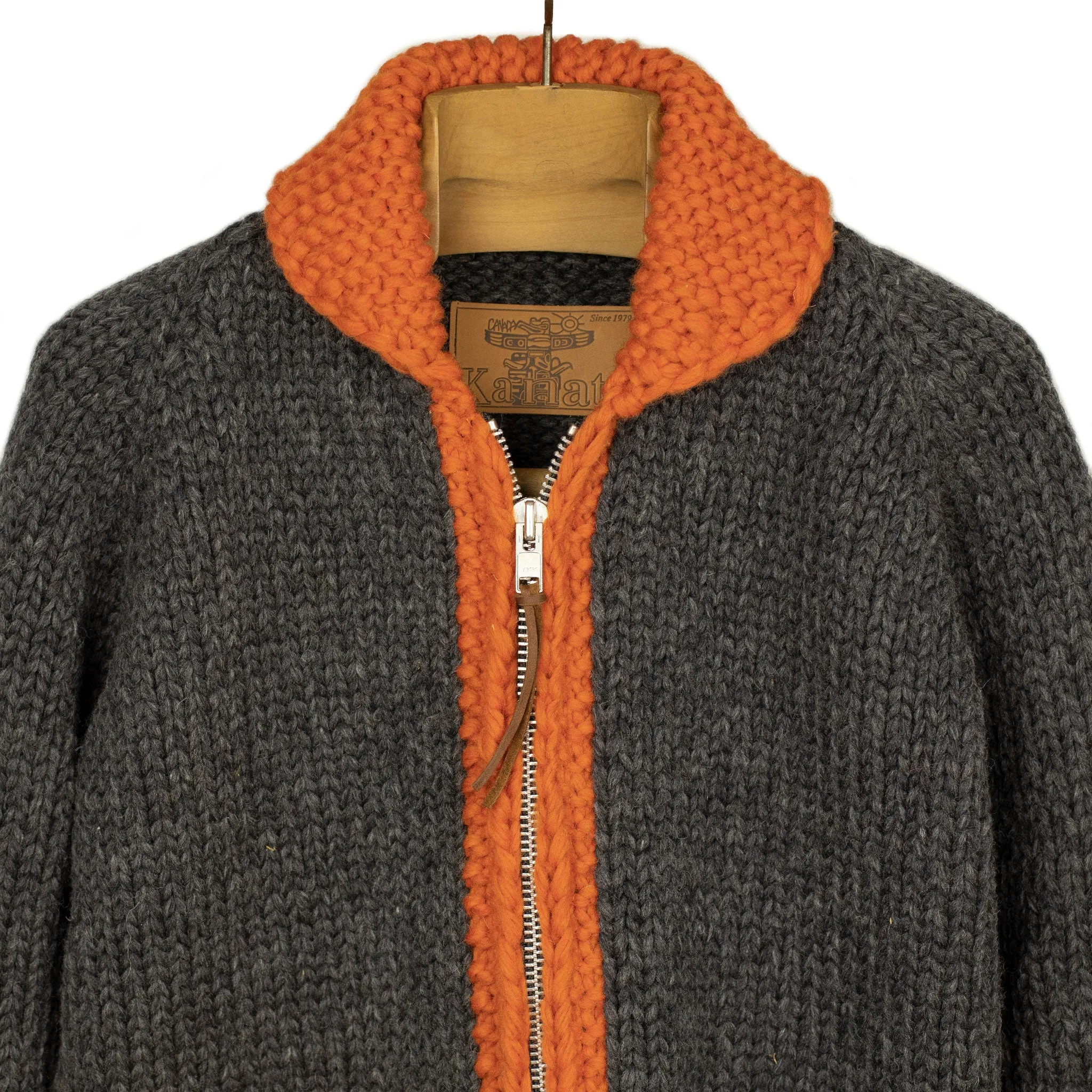 Exclusive hand-knit Cowichan cardigan in charcoal, orange, yellow and teal 6-ply, wool
