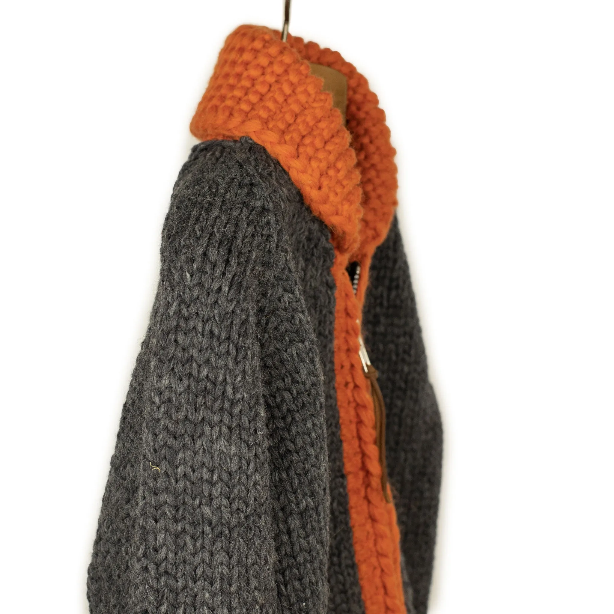 Exclusive hand-knit Cowichan cardigan in charcoal, orange, yellow and teal 6-ply, wool