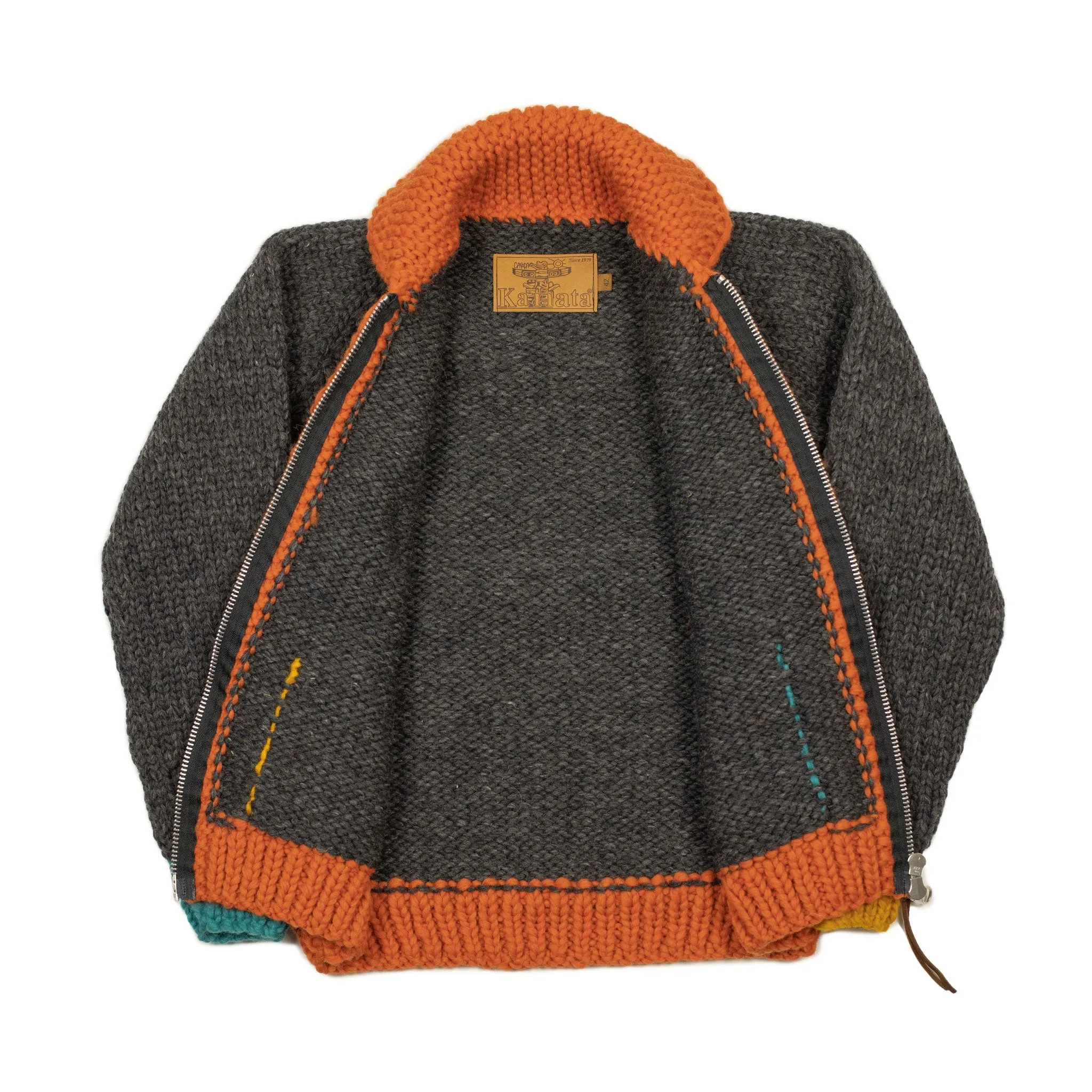 Exclusive hand-knit Cowichan cardigan in charcoal, orange, yellow and teal 6-ply, wool