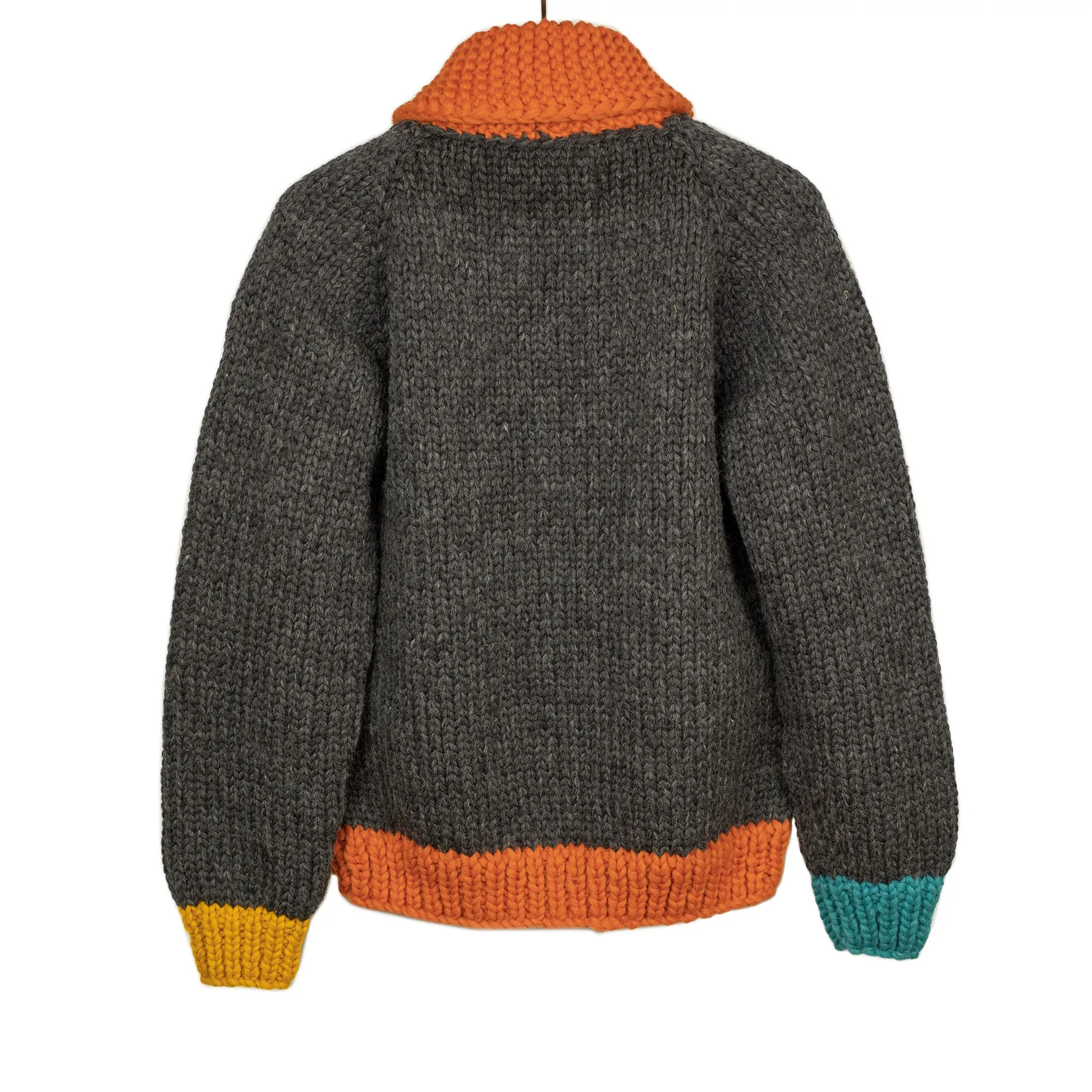 Exclusive hand-knit Cowichan cardigan in charcoal, orange, yellow and teal 6-ply, wool