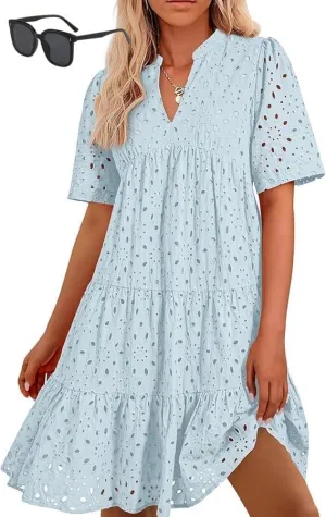Eyelet Dress for Women 2025, Women's Elegant Hollow Out Lace Ruffle Casual Mini Dress, Summer Ruffle Hem Floral Lace Dresses