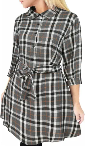 FANCYINN Women Long Sleeve Plaid Pattern Tunic Tops Shirt Casual Dress