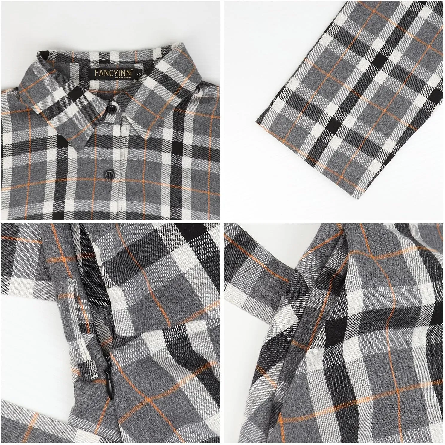 FANCYINN Women Long Sleeve Plaid Pattern Tunic Tops Shirt Casual Dress