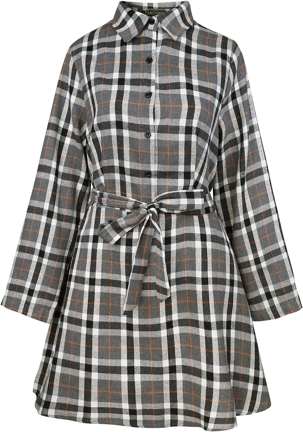 FANCYINN Women Long Sleeve Plaid Pattern Tunic Tops Shirt Casual Dress