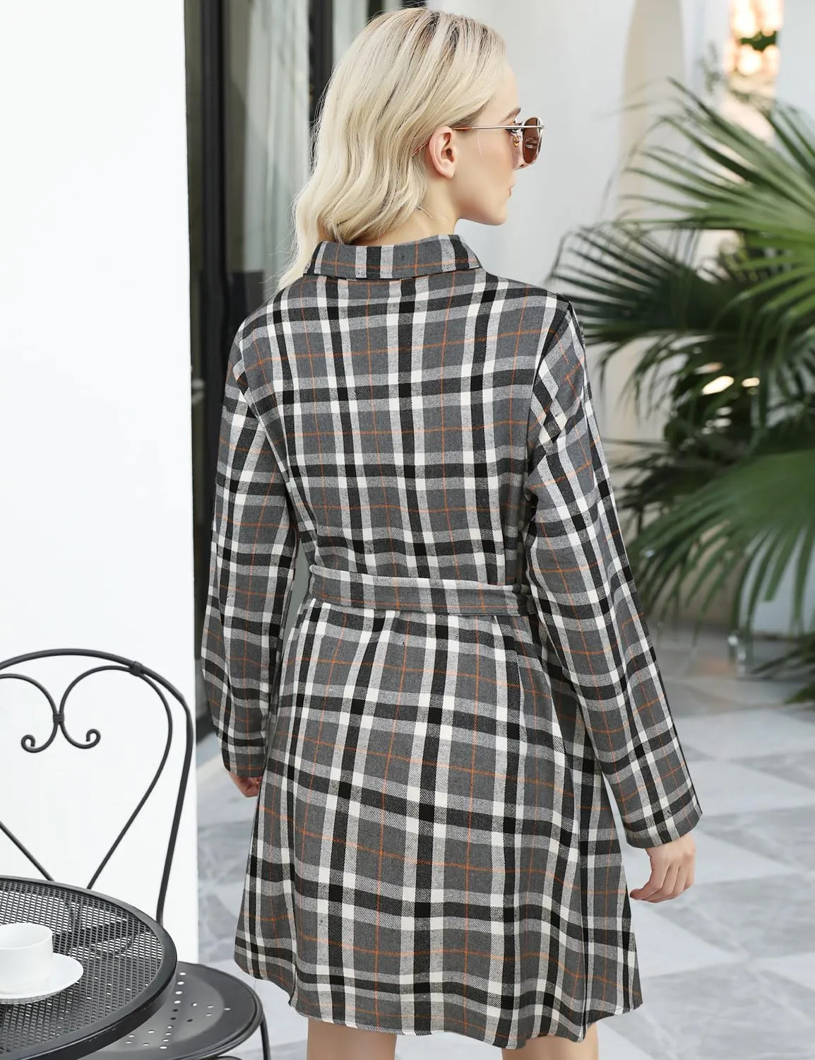 FANCYINN Women Long Sleeve Plaid Pattern Tunic Tops Shirt Casual Dress