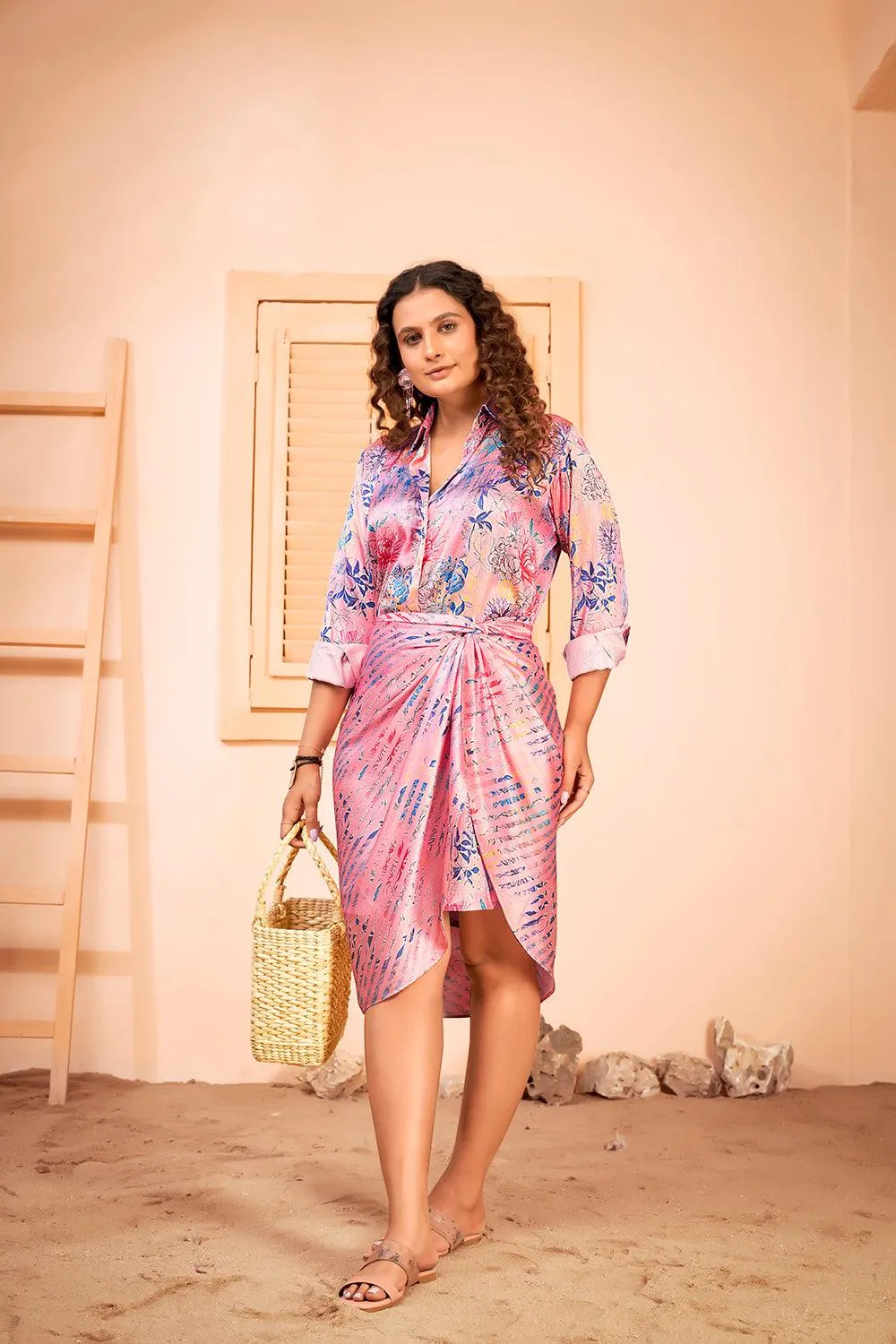 Floral Printed Shirt Dress with Beach Wear Sarong Skirt Cover Up Set