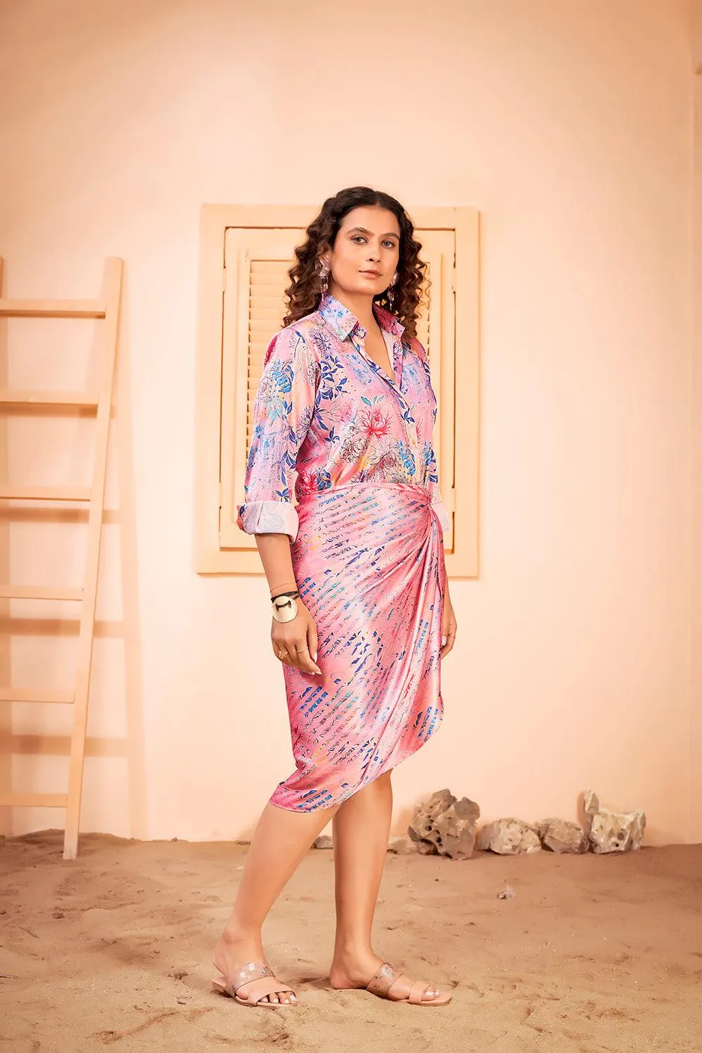 Floral Printed Shirt Dress with Beach Wear Sarong Skirt Cover Up Set