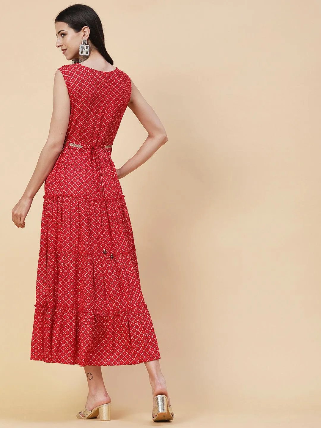 Geometric Printed Zardozi Work Tiered maxi Dress With Cutdana Embroidered Belt - Red