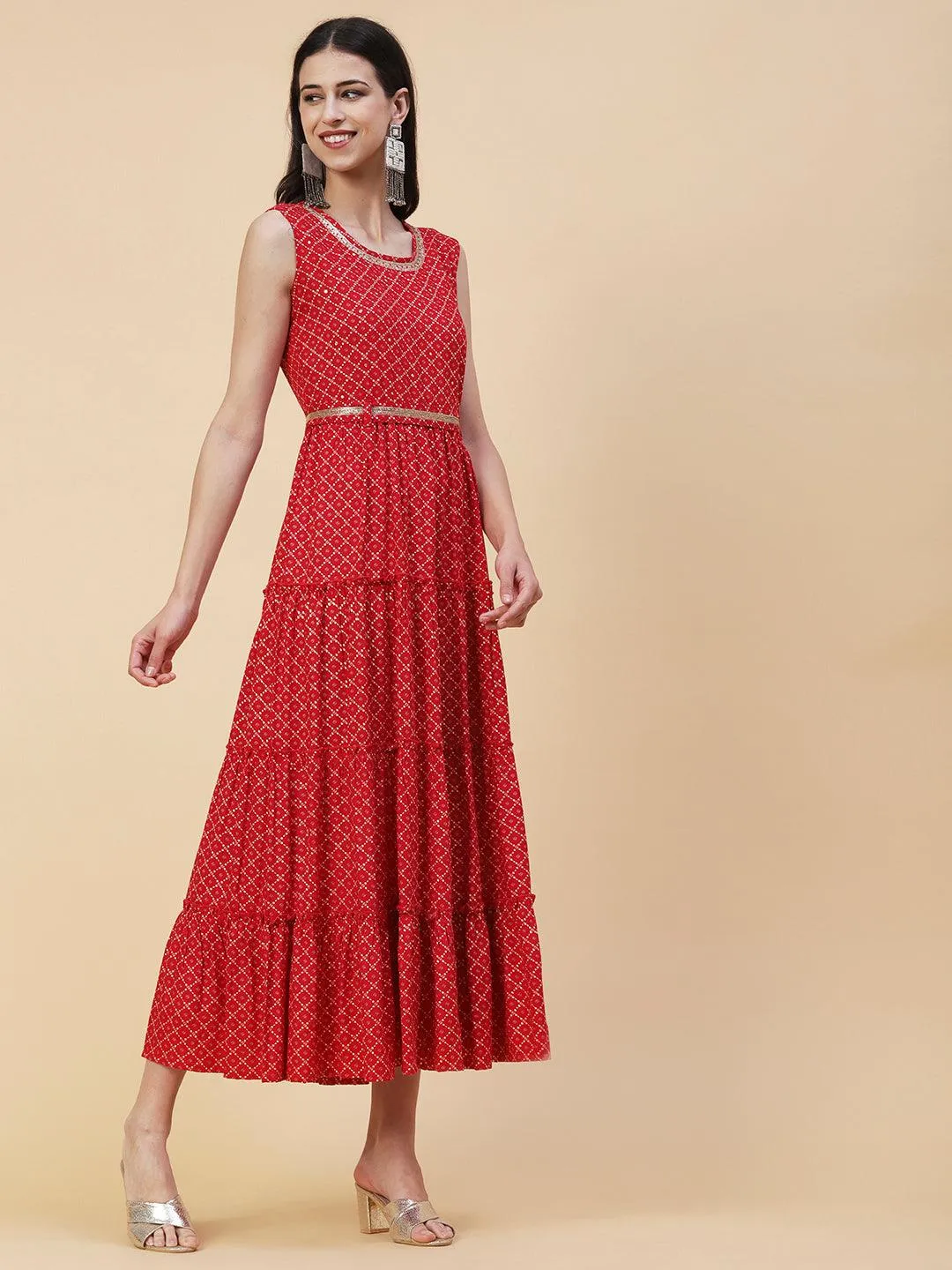 Geometric Printed Zardozi Work Tiered maxi Dress With Cutdana Embroidered Belt - Red