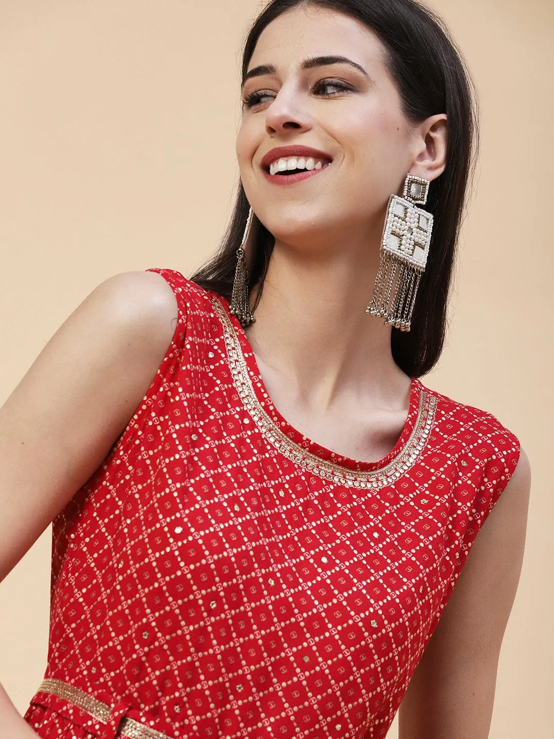 Geometric Printed Zardozi Work Tiered maxi Dress With Cutdana Embroidered Belt - Red
