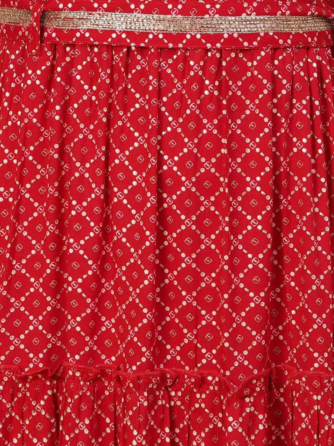 Geometric Printed Zardozi Work Tiered maxi Dress With Cutdana Embroidered Belt - Red