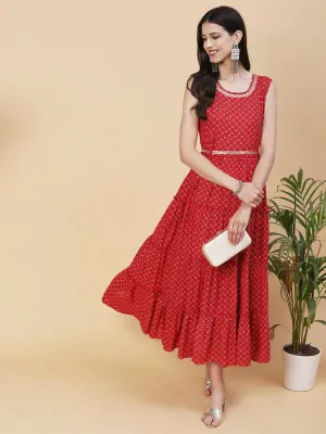 Geometric Printed Zardozi Work Tiered maxi Dress With Cutdana Embroidered Belt - Red