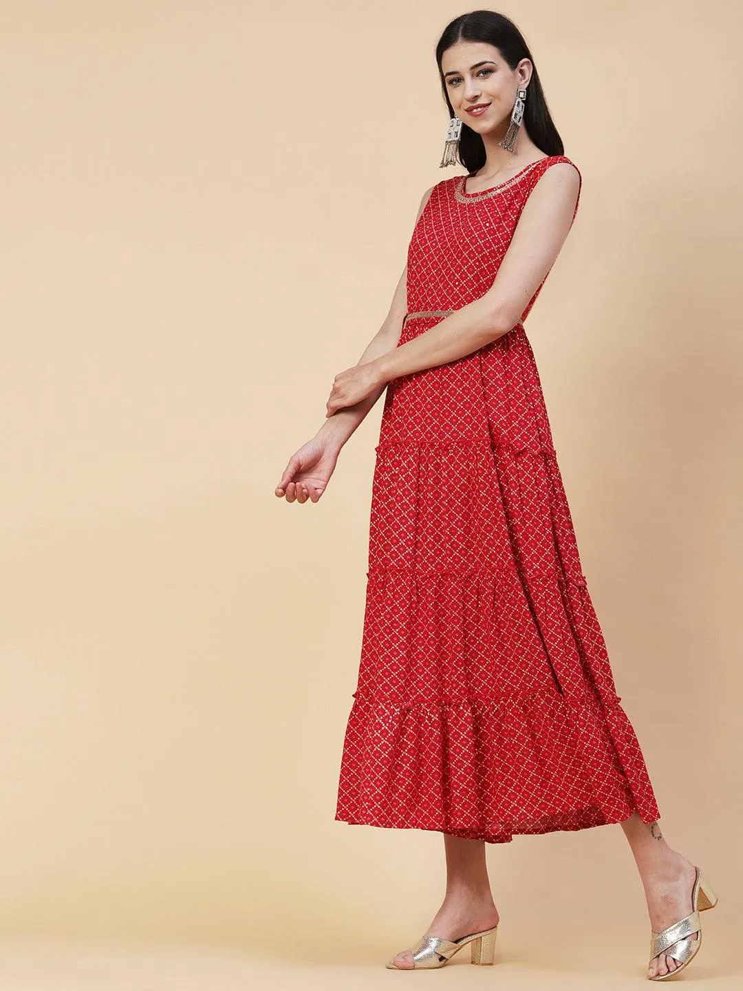 Geometric Printed Zardozi Work Tiered maxi Dress With Cutdana Embroidered Belt - Red