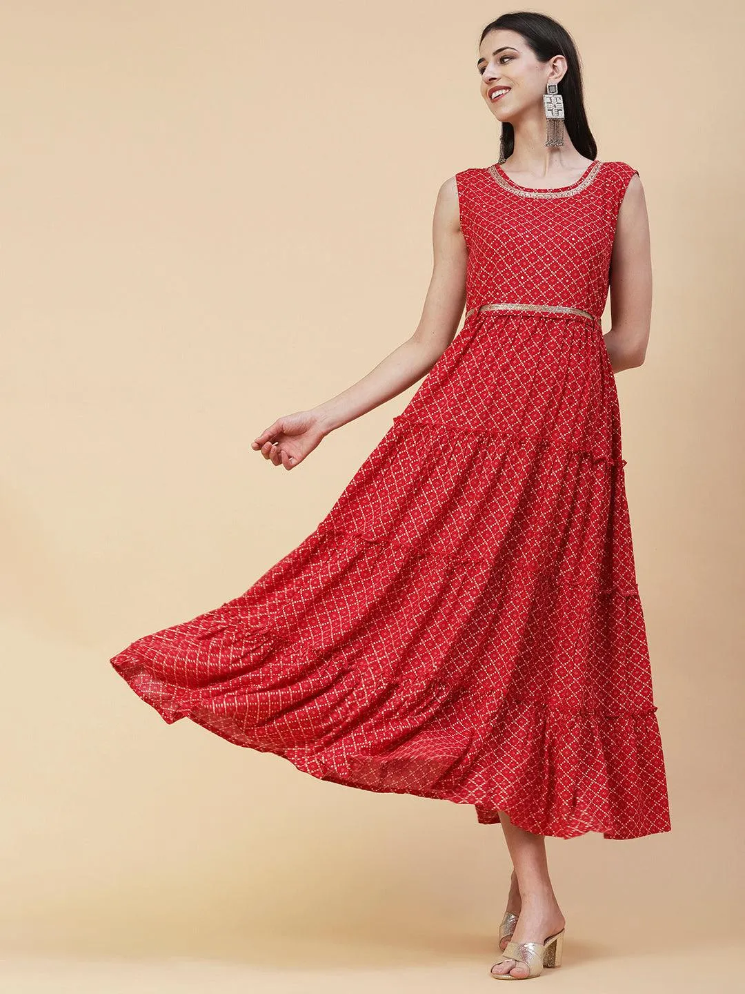 Geometric Printed Zardozi Work Tiered maxi Dress With Cutdana Embroidered Belt - Red
