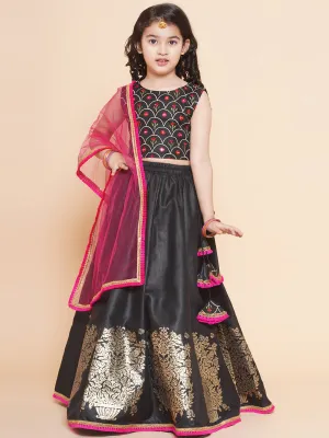 Girls Black Embroidered Choli, With Printed Lehenga Has A Dupatta